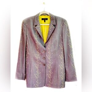 Escada Women's Gray Blazer With Yellow Embroidery and Lining, 42, 12